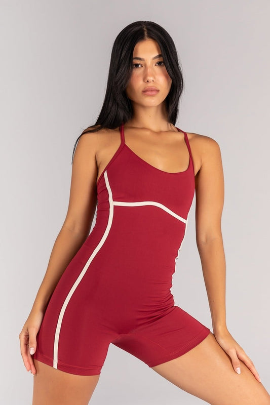 Cross-Strap Romper without Hook Closure (Burgundy / Off-White)