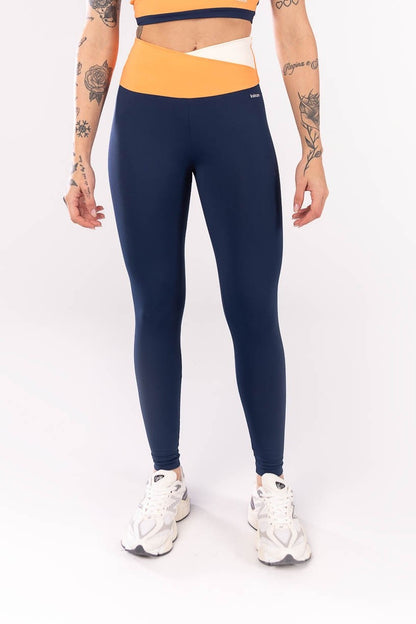 Top + Leggings with Crossover Waistband (Navy Blue / Orange / Off-White)