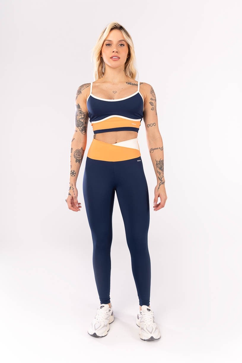 Top + Leggings with Crossover Waistband (Navy Blue / Orange / Off-White)