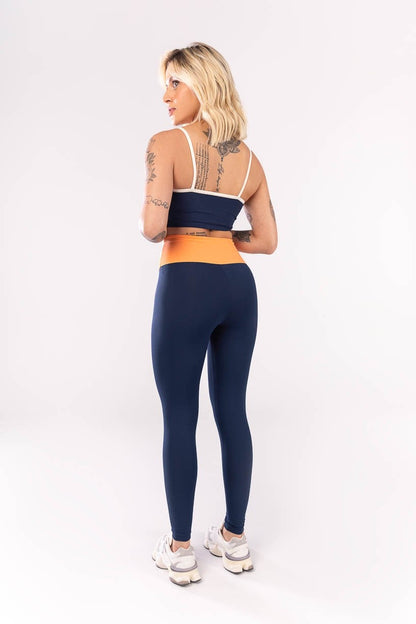 Top + Leggings with Crossover Waistband (Navy Blue / Orange / Off-White)