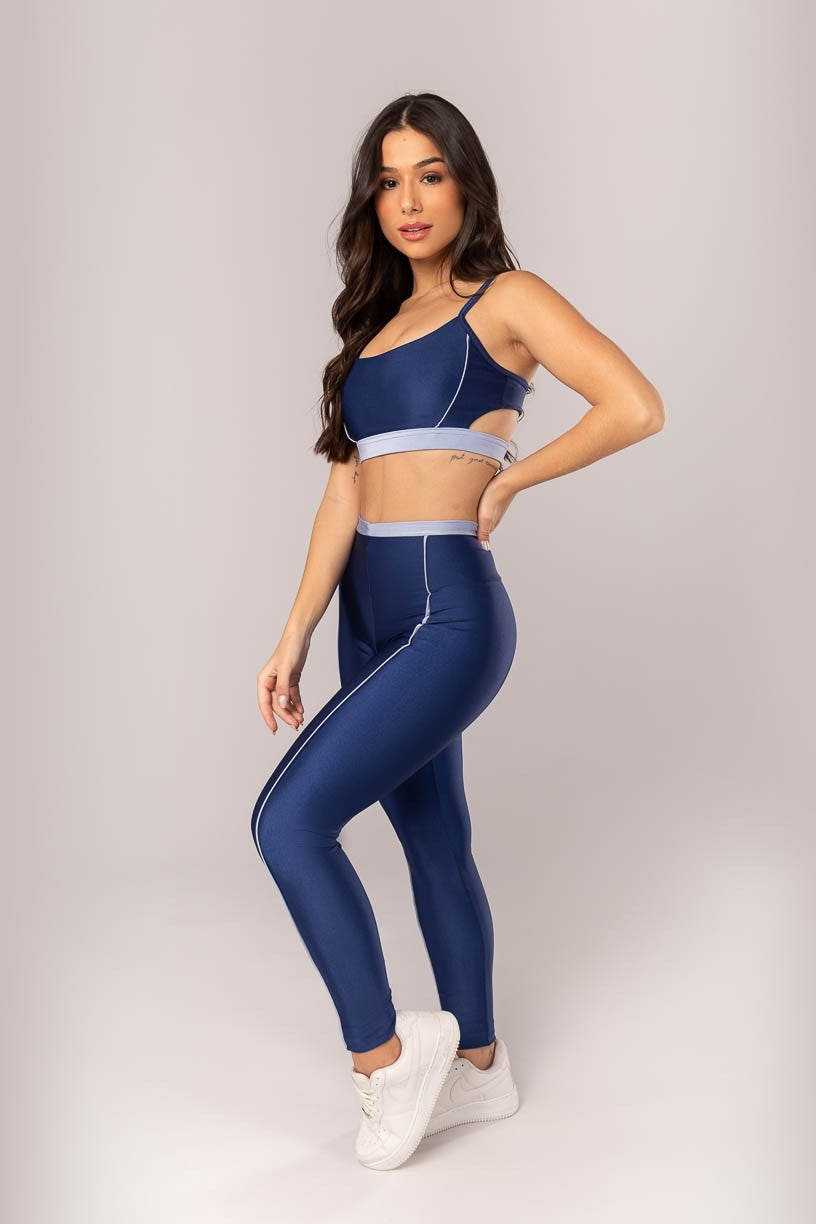 Top + Leggings with Fold-Over Waistband and Piping (Navy Blue / Light Blue)
