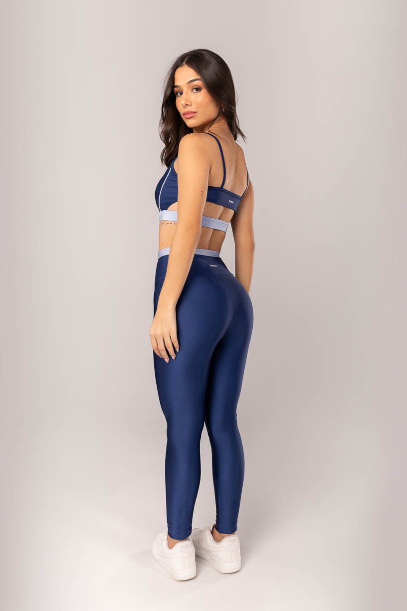 Top + Leggings with Fold-Over Waistband and Piping (Navy Blue / Light Blue)