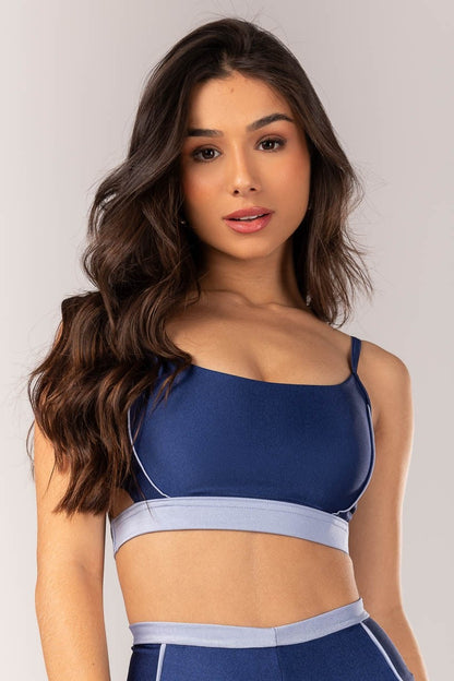 Top + Leggings with Fold-Over Waistband and Piping (Navy Blue / Light Blue)