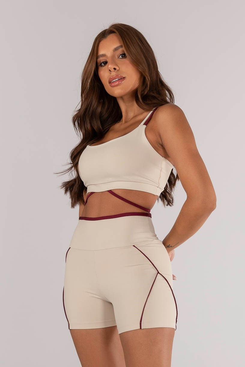Shorts + Duo Fabric Top with Colored Strap and Band (Off-White / Burgundy)