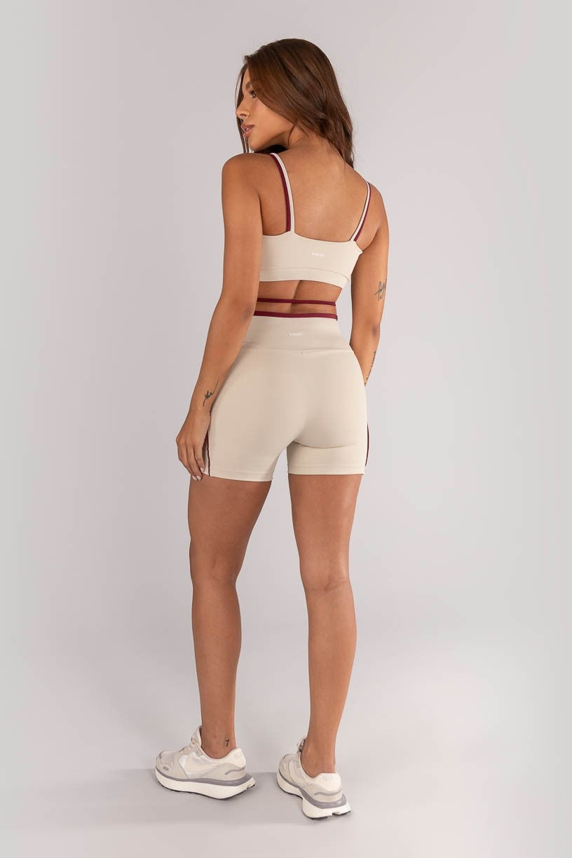 Shorts + Duo Fabric Top with Colored Strap and Band (Off-White / Burgundy)