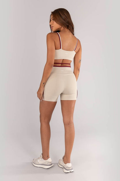 Shorts + Duo Fabric Top with Colored Strap and Band (Off-White / Burgundy)