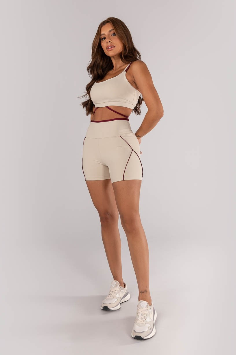 Shorts + Duo Fabric Top with Colored Strap and Band (Off-White / Burgundy)