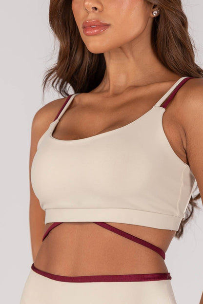 Shorts + Duo Fabric Top with Colored Strap and Band (Off-White / Burgundy)