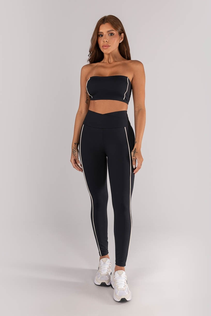 Top + Leggings with Crossover Waistband and Piped Pockets (Black / Vanilla)