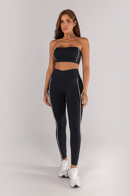 Top + Leggings with Crossover Waistband and Piped Pockets (Black / Vanilla)