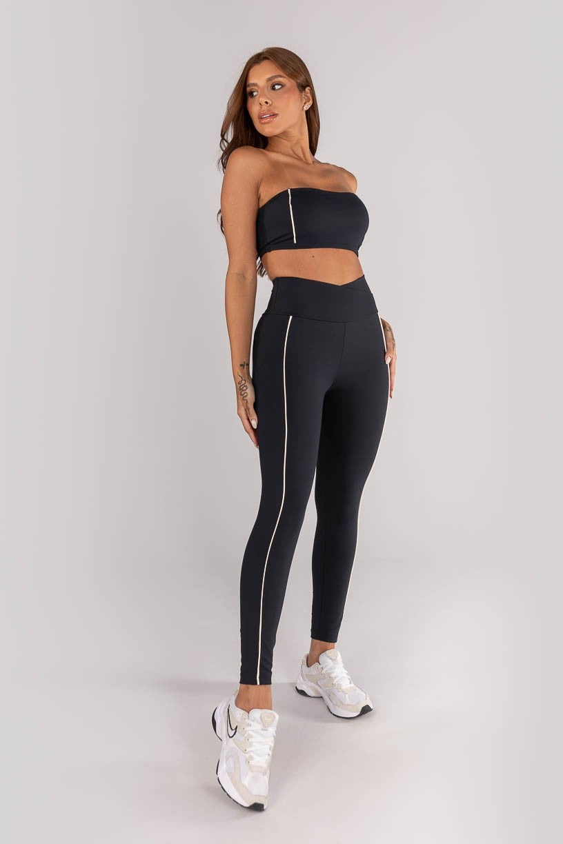 Top + Leggings with Crossover Waistband and Piped Pockets (Black / Vanilla)