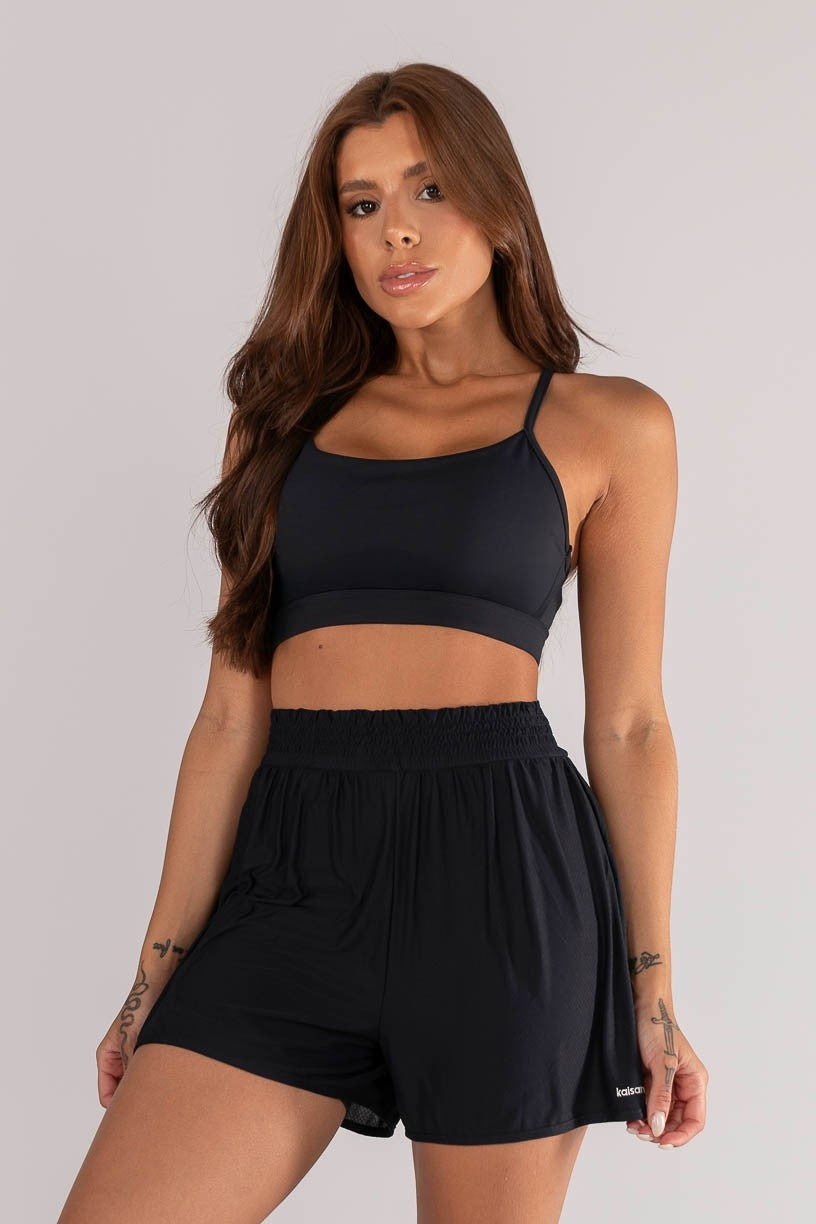 Shorts + Top with Tulle Cutout Straps (Black)