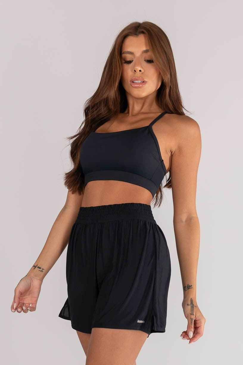 Shorts + Top with Tulle Cutout Straps (Black)
