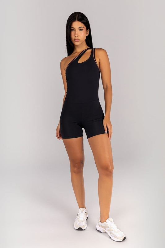 Asymmetrical Romper with Neckline Cutout (Black / Terracotta)