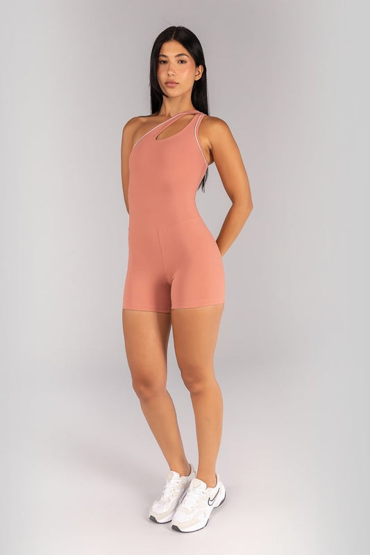 Asymmetrical Romper with Neckline Cutout (Terracotta / Off-White)