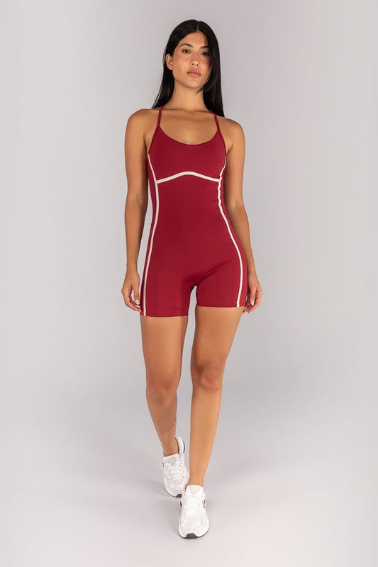Cross-Strap Romper without Hook Closure (Burgundy / Off-White)