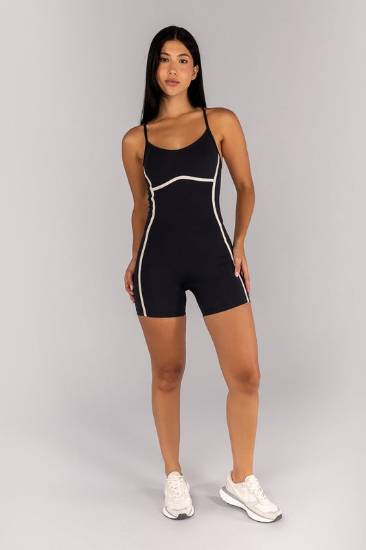 Cross-Strap Romper without Hook Closure (Black / Off-White)