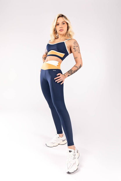 Top + Leggings with Crossover Waistband (Navy Blue / Orange / Off-White)