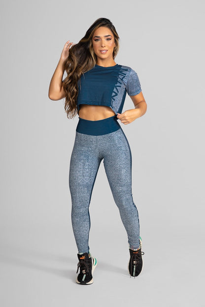 Leggings + Loose Fitness Crop Top with Double Merge Digital Print