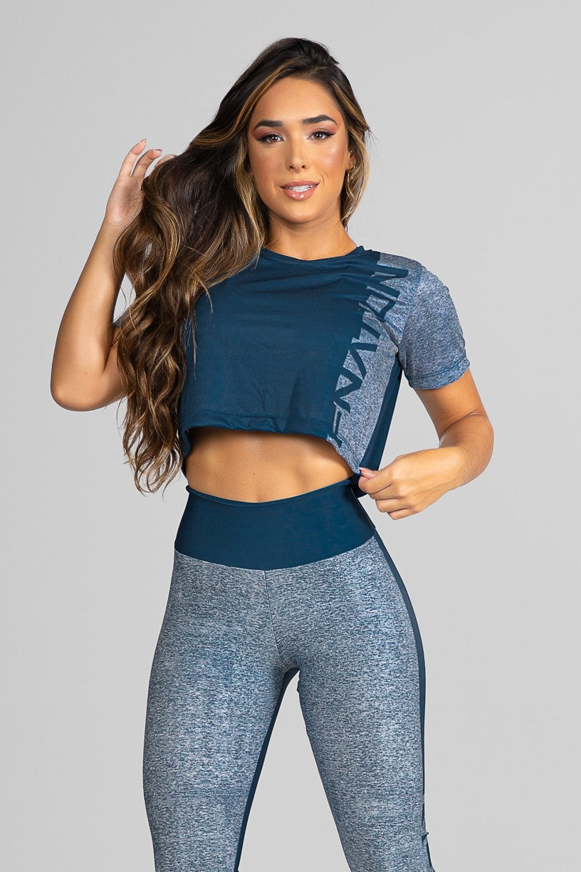 Leggings + Loose Fitness Crop Top with Double Merge Digital Print